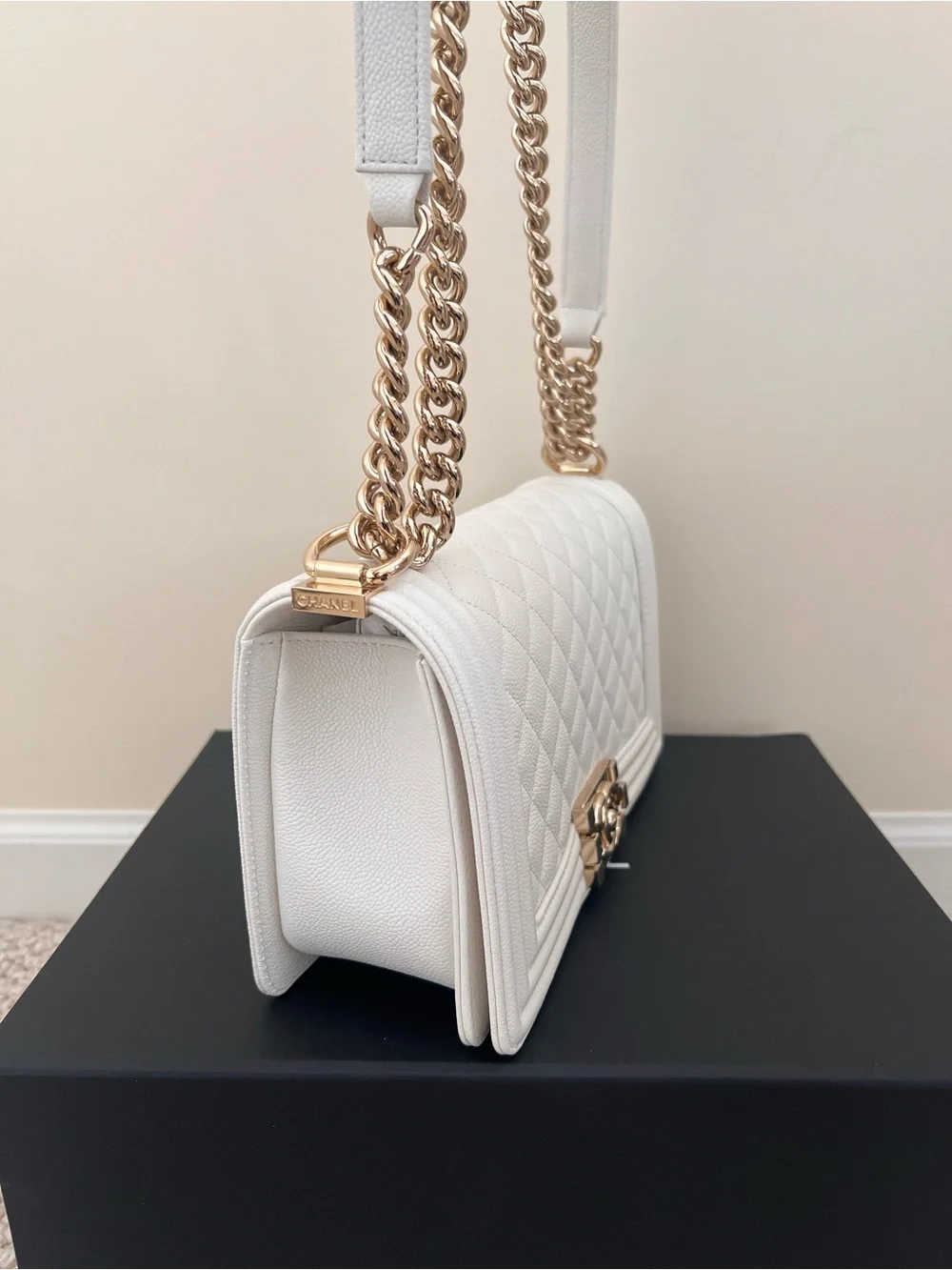Chanel Caviar White Medium Boy Bag with Champagne Gold Hardware